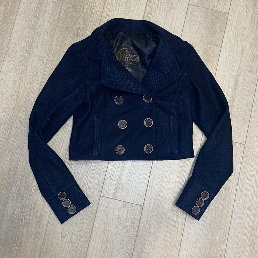 Guess Vintage Navy Crop Pea Coat Wool Jacket Button Front M